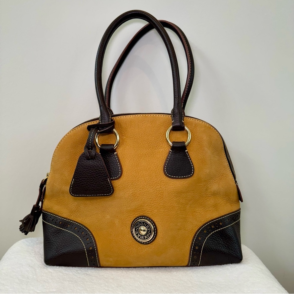 Dooney and Bourke Vintage Camel Nubuck and Brown Leather Satchel‎ Bag